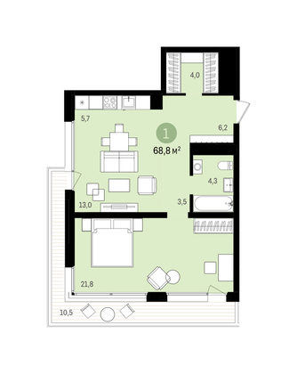 68,8 м², 1-комн. квартира, 3/15 этаж