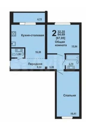 Продажа 2-комнатной квартиры 68 м², 7/9 этаж