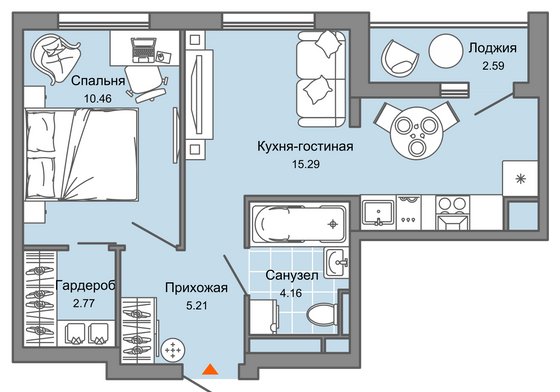 39 м², 2-комн. квартира, 7/9 этаж