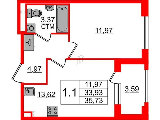 Продажа 1-комнатной квартиры 33,9 м², 2/4 этаж