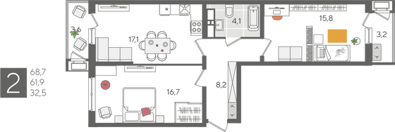 Продажа 2-комнатной квартиры 68,7 м², 12/24 этаж