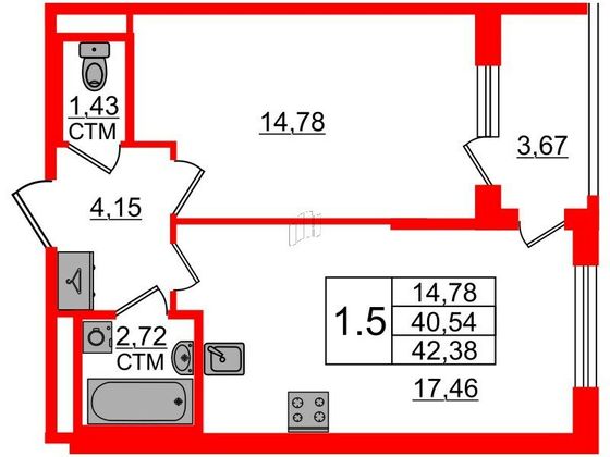Продажа 1-комнатной квартиры 40,5 м², 1/4 этаж
