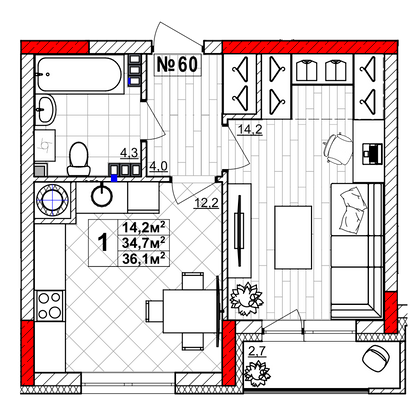 Продажа 1-комнатной квартиры 36,1 м², 3/4 этаж