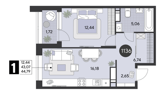 Продажа 1-комнатной квартиры 44,8 м², 7/21 этаж