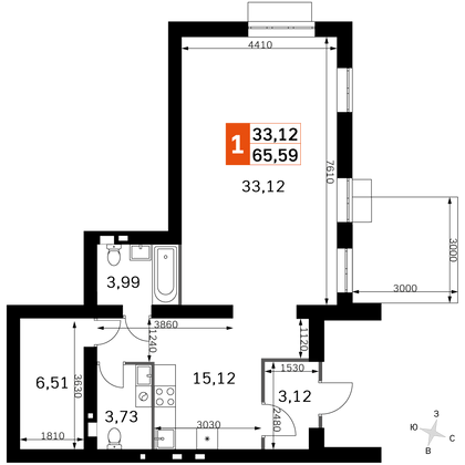 65,6 м², 1-комн. квартира, 1/4 этаж