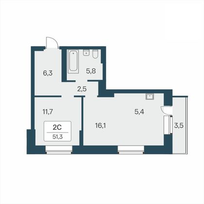 51,3 м², 2-комн. квартира, 2/30 этаж