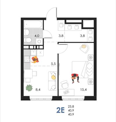 40,9 м², 2-комн. квартира, 2/6 этаж