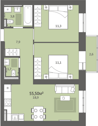 Продажа 2-комнатной квартиры 55,5 м², 6/9 этаж