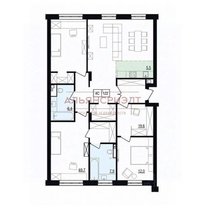 Продажа квартиры со свободной планировкой 122 м², 1/5 этаж