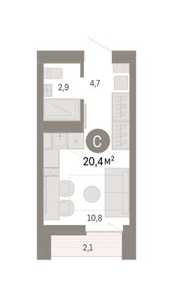 20,4 м², студия, 8/16 этаж