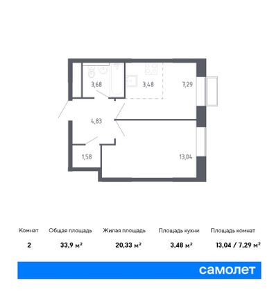 33,9 м², 2-комн. квартира, 12/22 этаж