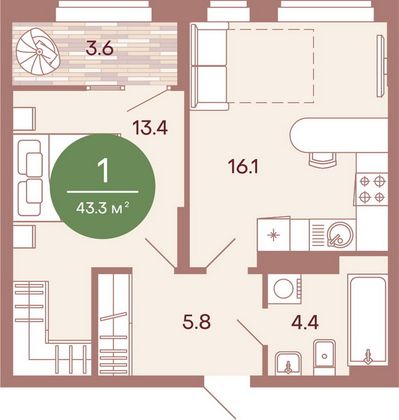 Продажа 1-комнатной квартиры 43,3 м², 2/17 этаж
