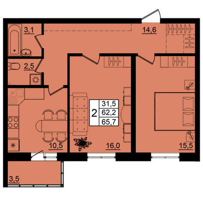 65,7 м², 2-комн. квартира, 1/9 этаж