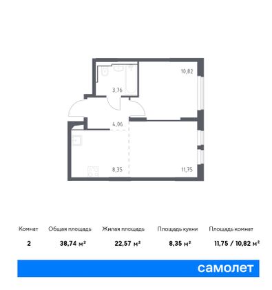 38,7 м², 1-комн. квартира, 12/14 этаж