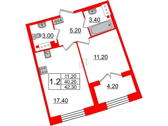 Продажа 1-комнатной квартиры 40,2 м², 6/8 этаж