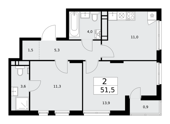 51,5 м², 2-комн. квартира, 13/15 этаж