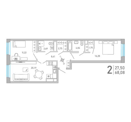 68,1 м², 2-комн. квартира, 8/10 этаж