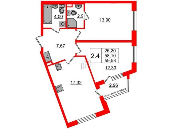Продажа 2-комнатной квартиры 58,1 м², 1/4 этаж