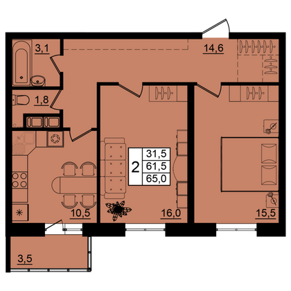 65 м², 2-комн. квартира, 9/9 этаж