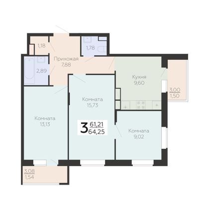 Продажа 3-комнатной квартиры 64,3 м², 5/18 этаж