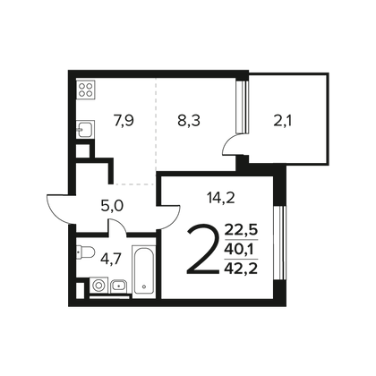 Продажа 2-комнатной квартиры 42,2 м², 1/9 этаж