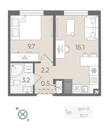 Продажа 1-комнатной квартиры 30,7 м², 3/22 этаж