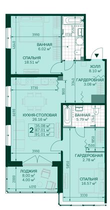 87,1 м², 2-комн. квартира, 6/14 этаж