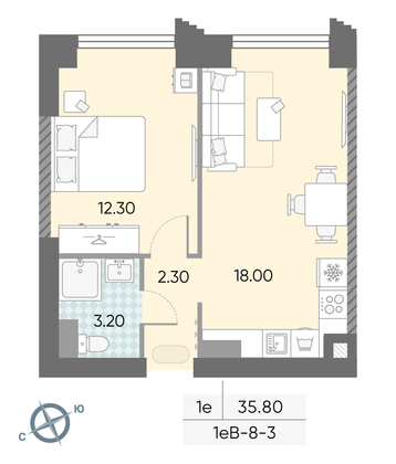 Продажа 1-комнатной квартиры 35,8 м², 3/58 этаж