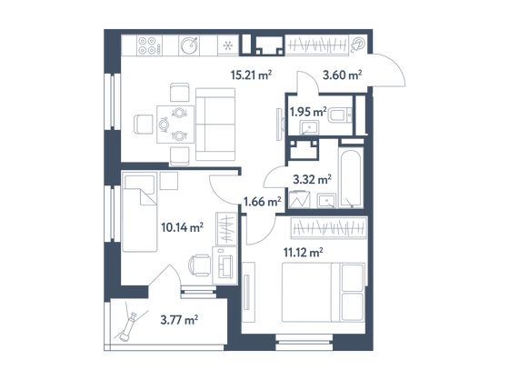 48,9 м², 2-комн. квартира, 2/25 этаж