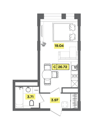 26,7 м², студия, 3 этаж