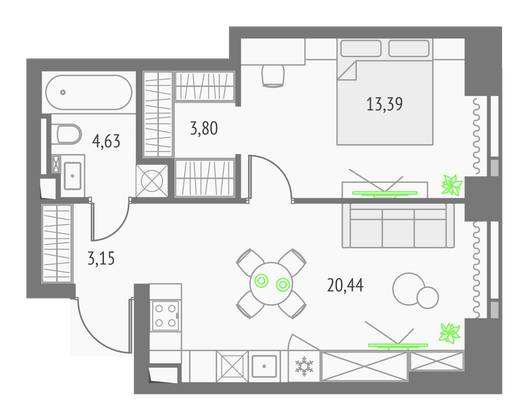 45,4 м², 1-комн. квартира, 15/57 этаж