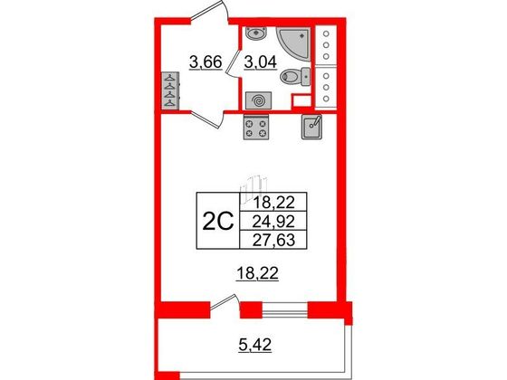Продажа квартиры-студии 24,9 м², 10/17 этаж