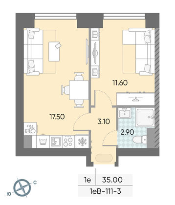 Продажа 1-комнатной квартиры 35,1 м², 3/58 этаж