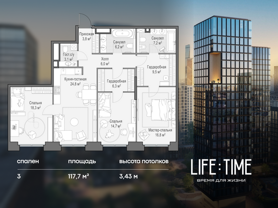 117,7 м², 3-комн. квартира, 20/22 этаж