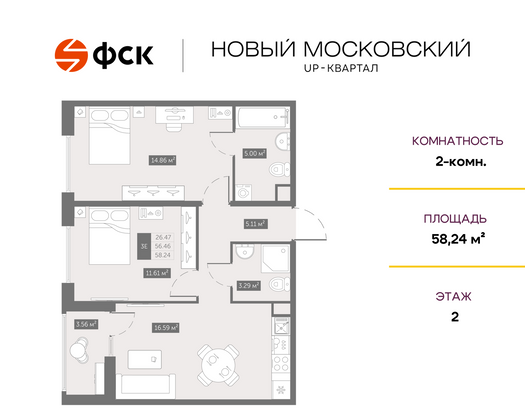 58,2 м², 2-комн. квартира, 2/10 этаж