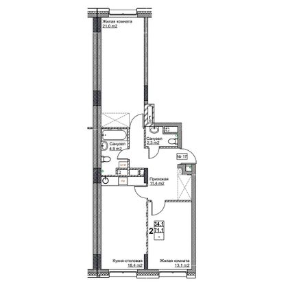 Продажа 2-комнатной квартиры 71,1 м², 3/24 этаж