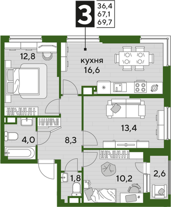 Продажа 3-комнатной квартиры 69,7 м², 16/19 этаж