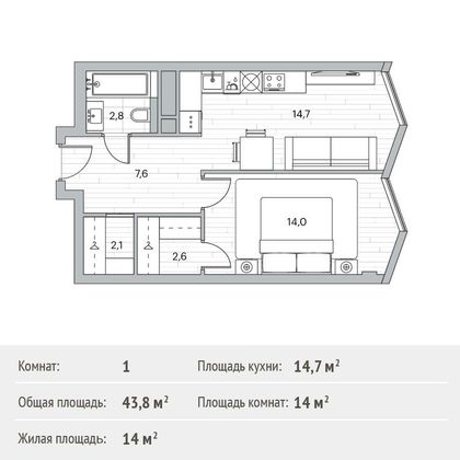 Продажа 1-комнатной квартиры 43,8 м², 2/16 этаж