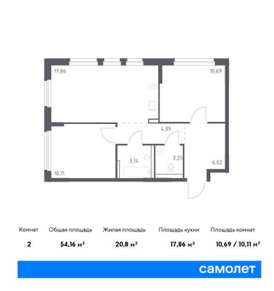 54,2 м², 2-комн. квартира, 1/11 этаж