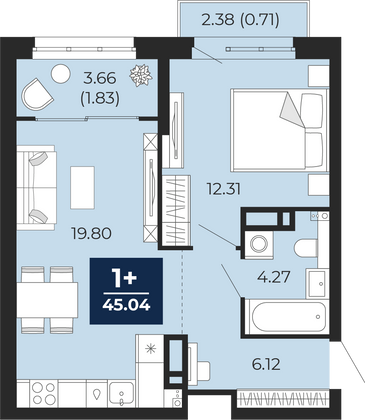 45 м², 1-комн. квартира, 8/23 этаж