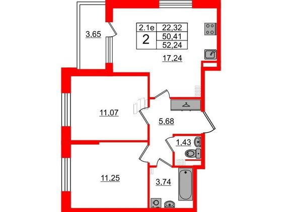 Продажа 2-комнатной квартиры 50,4 м², 5/5 этаж