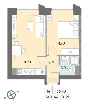 36,1 м², 1-комн. квартира, 18/58 этаж