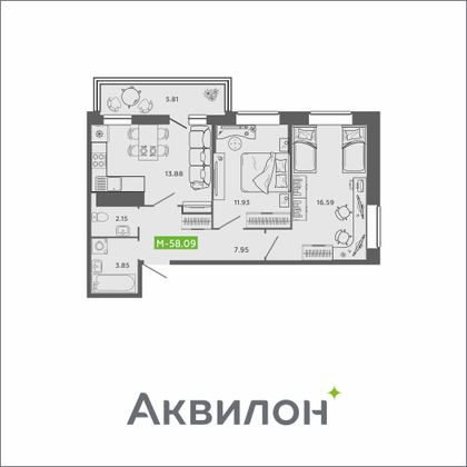 58,1 м², 2-комн. квартира, 13/16 этаж