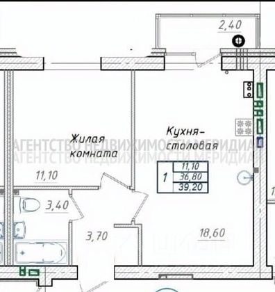 Продажа 1-комнатной квартиры 39,6 м², 3/9 этаж