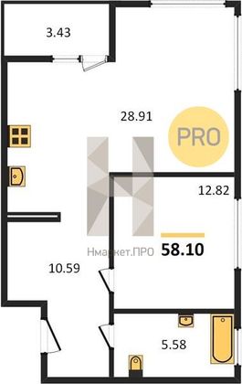 Продажа 1-комнатной квартиры 58,1 м², 7/29 этаж