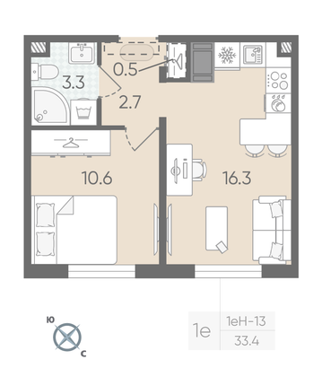 Продажа 1-комнатной квартиры 33,4 м², 13/22 этаж