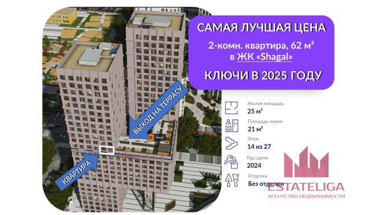 Продажа 2-комнатной квартиры 62 м², 14/27 этаж