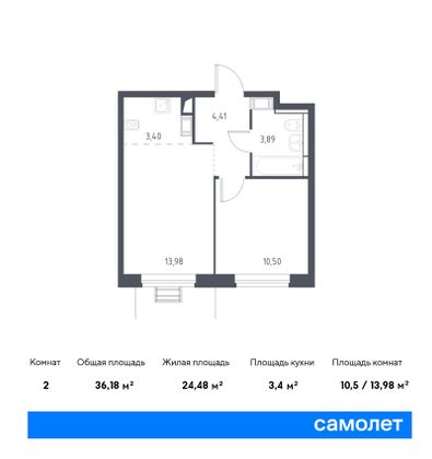 36,2 м², 2-комн. квартира, 14/17 этаж