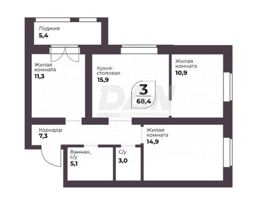 Продажа 3-комнатной квартиры 68,4 м², 4/6 этаж