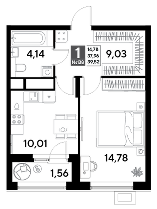 Продажа 1-комнатной квартиры 39,5 м², 12/25 этаж